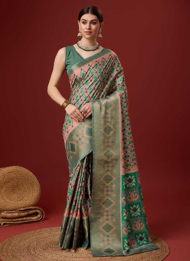 Cotton Green Festival Wear Floral Print Saree